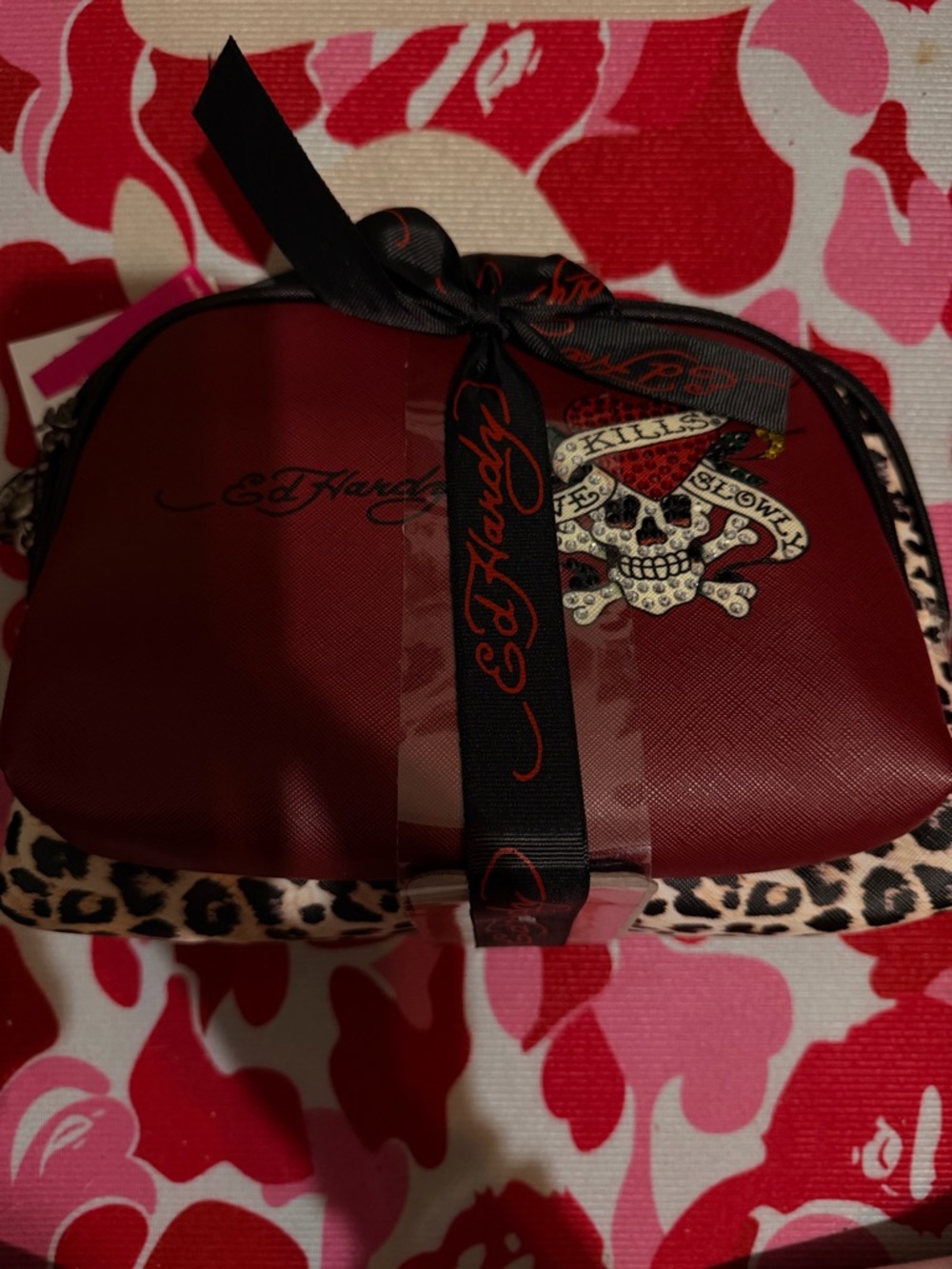 Ed Hardy Red Cosmetic Case with Skull Patch and Leopard make up bag